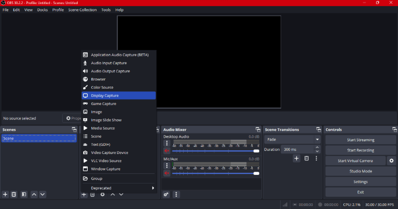 Choose Display Capture or Windows Capture