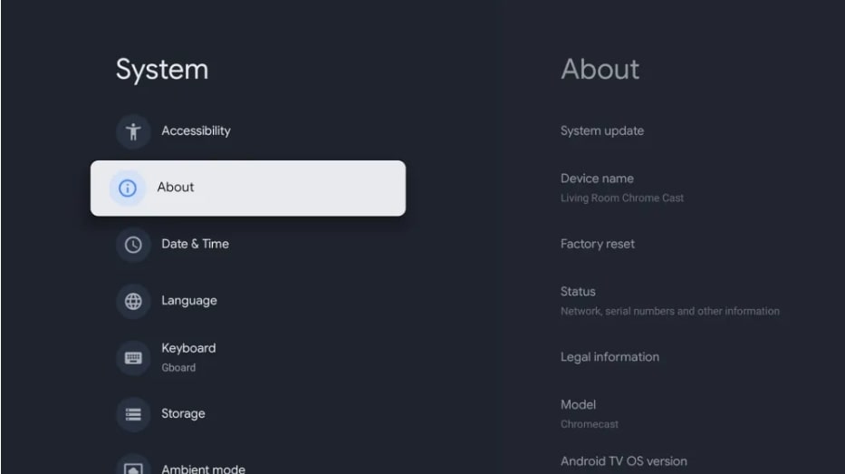 Choose System Update in Google TV 