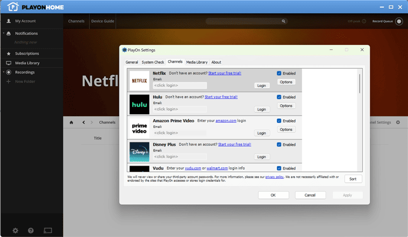 Log Into Streaming Account in PlayOn