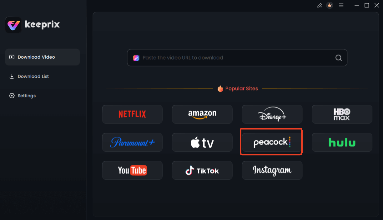 Choose Peacock in Keeprix Downloader
