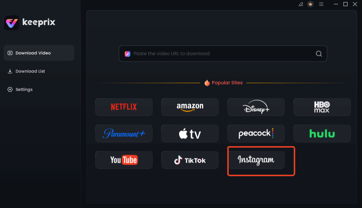 Choose Instagram in Keeprix Downloader