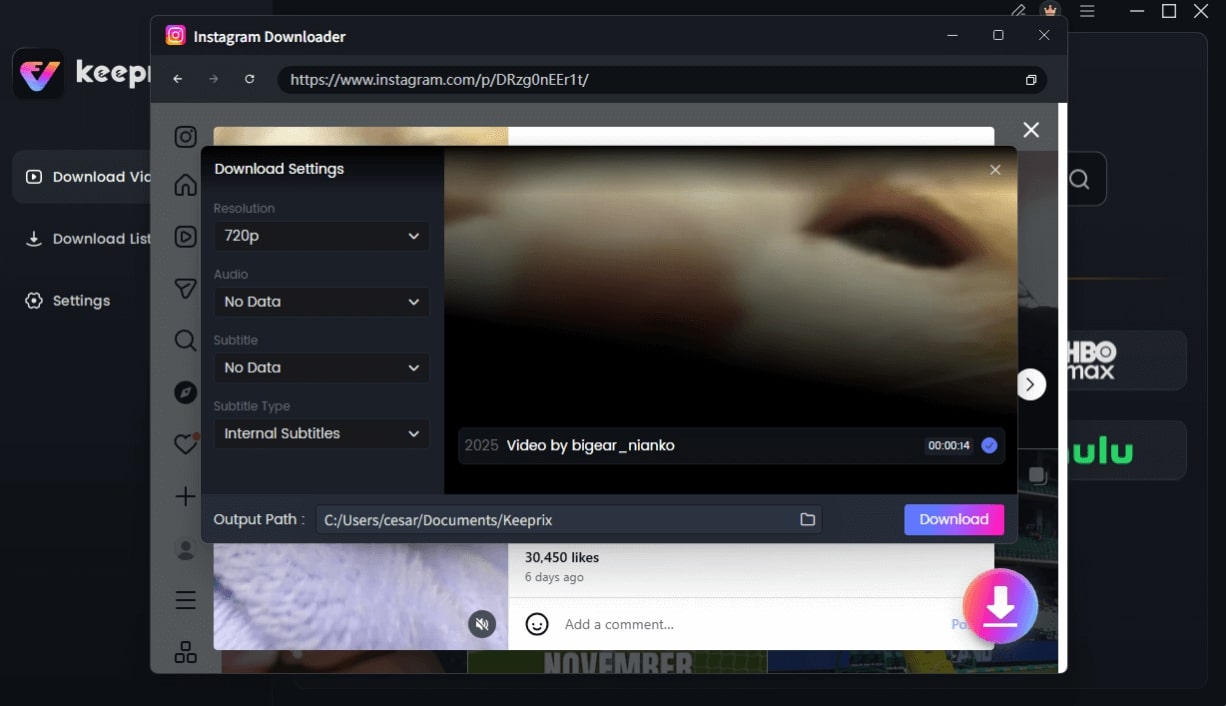 Configure Instagram Download Settings