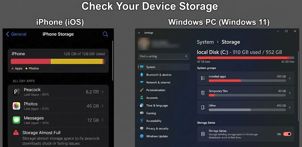 The Storage settings menu on an iPhone and a Windows PC
