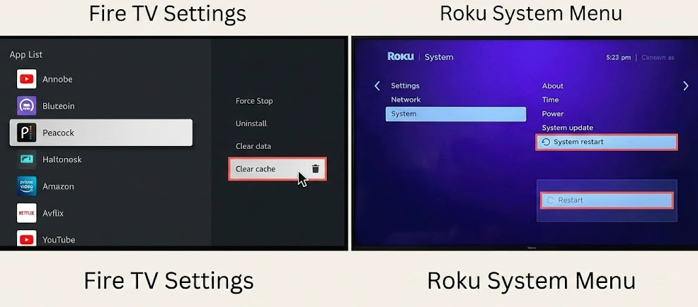 Clear Cache button on Fire TV settings and the System Restart menu on Roku