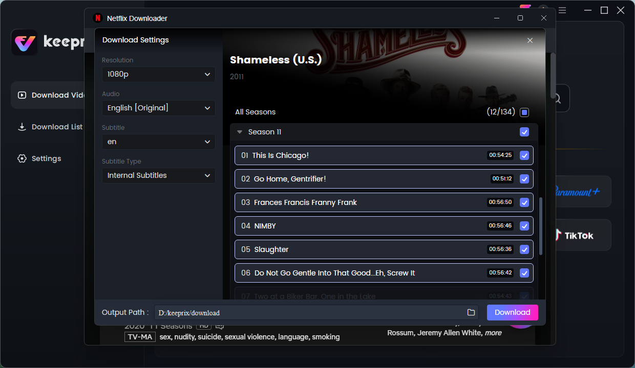 choose episodes and video quality settings to download