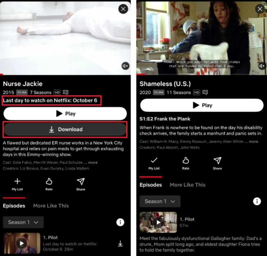Netflix US check on September 27, 2026: Nurse Jackie showed a Download button, while Shameless did not in the same Netflix app.