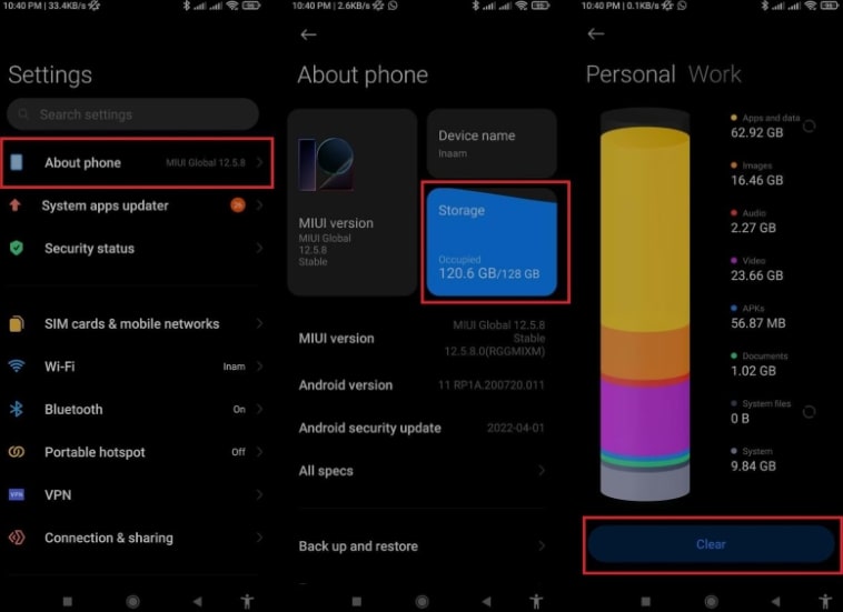 Accédez au stockage dans À propos du téléphone