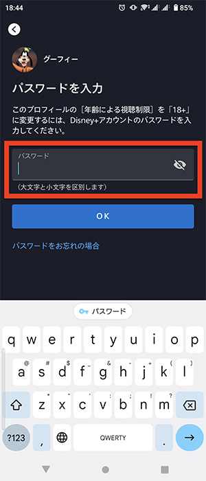 年齢制限設定にはパスワードが必要